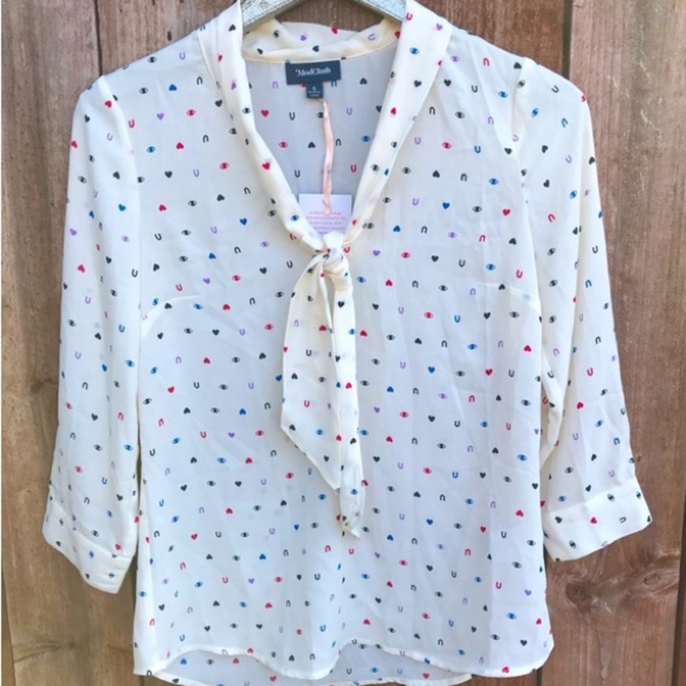 ModCloth Confidence Heart Printed Tie Neck Blouse